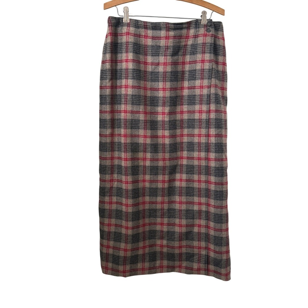 Talbots Wool Plaid Midi Wrap Skirt Grey‎ Red Italian Fabric Size 12